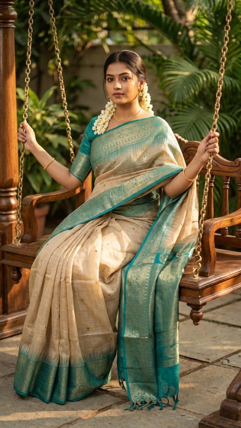 Woman in a beige Hasthkala blended silk saree featuring a royal blue gold zari border and temple motifs sitting on a swing.