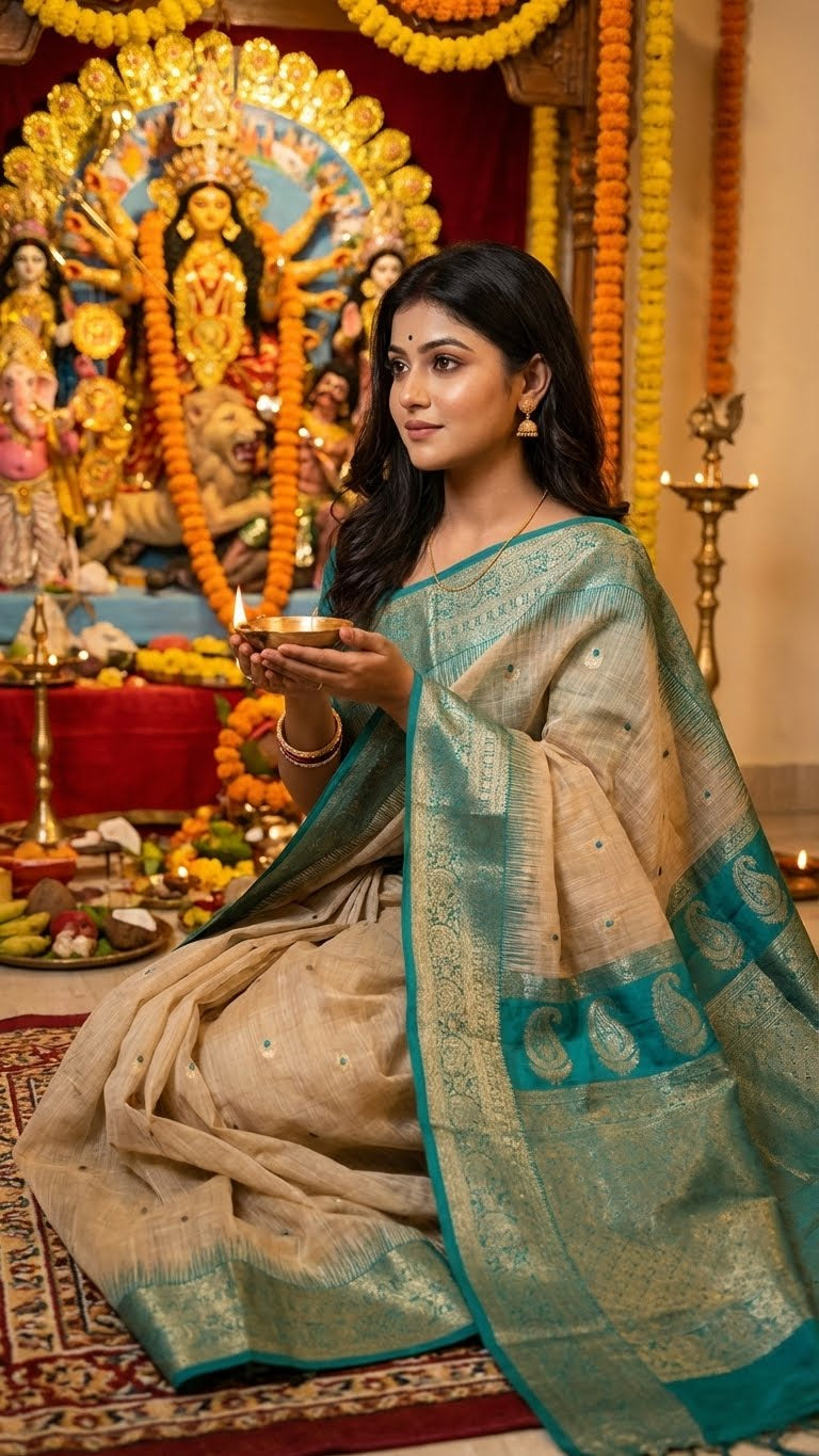 Woman in a beige Hasthkala blended silk saree featuring a royal blue gold zari border and temple motifs holding a bowl in front of a decorated altar with deities.