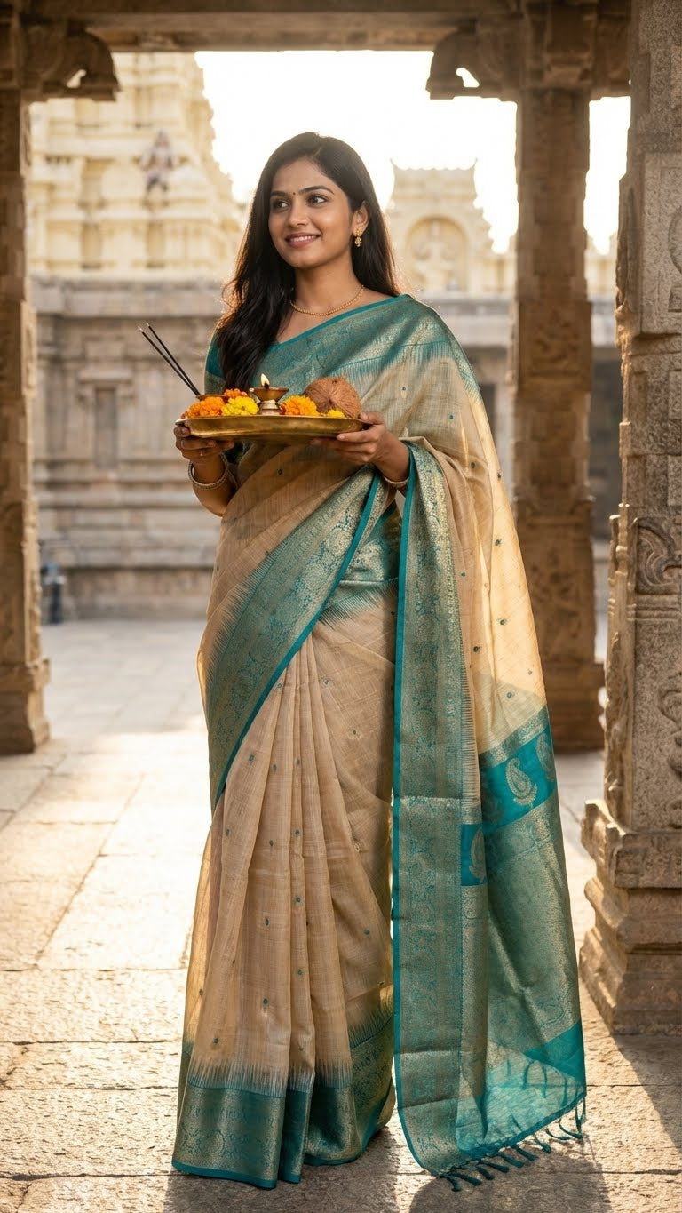 Woman in a beige Hasthkala blended silk saree featuring a royal blue gold zari border and temple motifs holding offerings in front of ancient temple architecture.