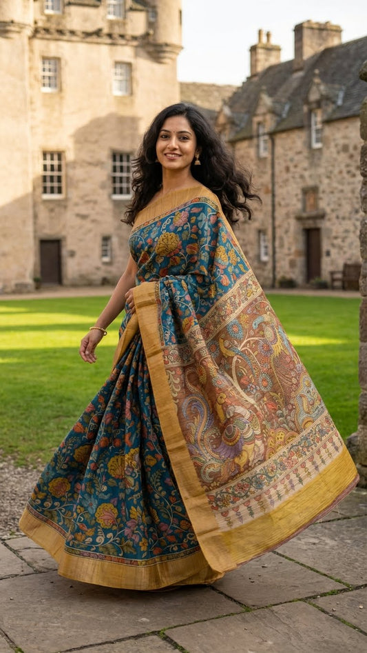 Woman in a blue saree with kalamkari-inspired floral vine digital print and golden border standing in front of a stone building with green grass.