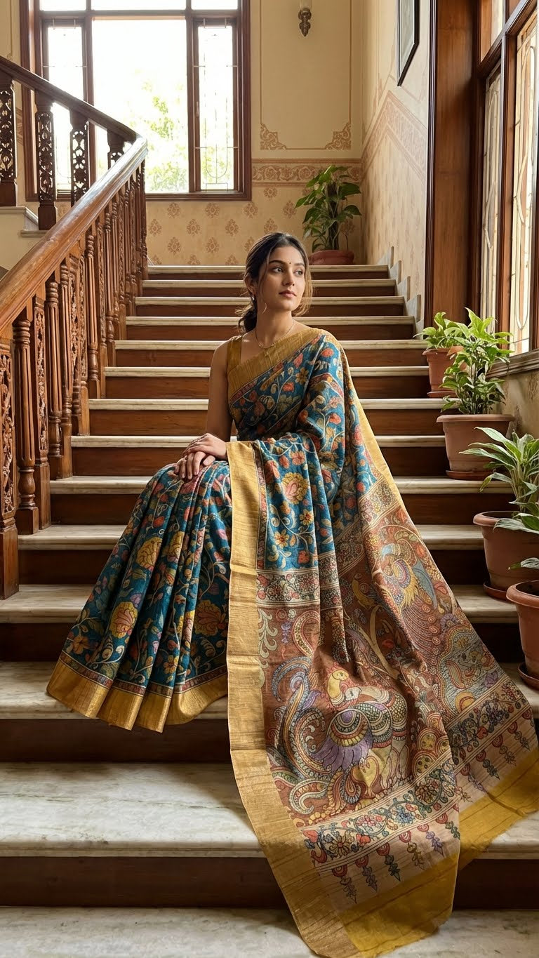 Woman in a blue saree with kalamkari-inspired floral vine digital print and golden border standing on a staircase with decorative elements.