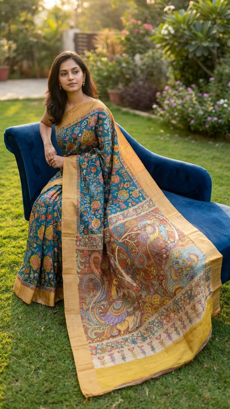 Woman in a blue saree with kalamkari-inspired floral vine digital print and golden border sitting on a blue chair outdoors with greenery in the background.