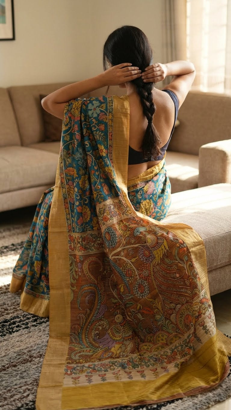 Woman wearing a blue saree with kalamkari-inspired floral vine digital print and golden border in a living room setting.
