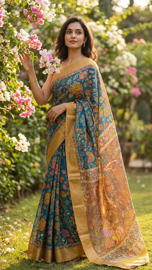 Woman in a blue saree with kalamkari-inspired floral vine digital print and golden border standing among flowers and greenery.