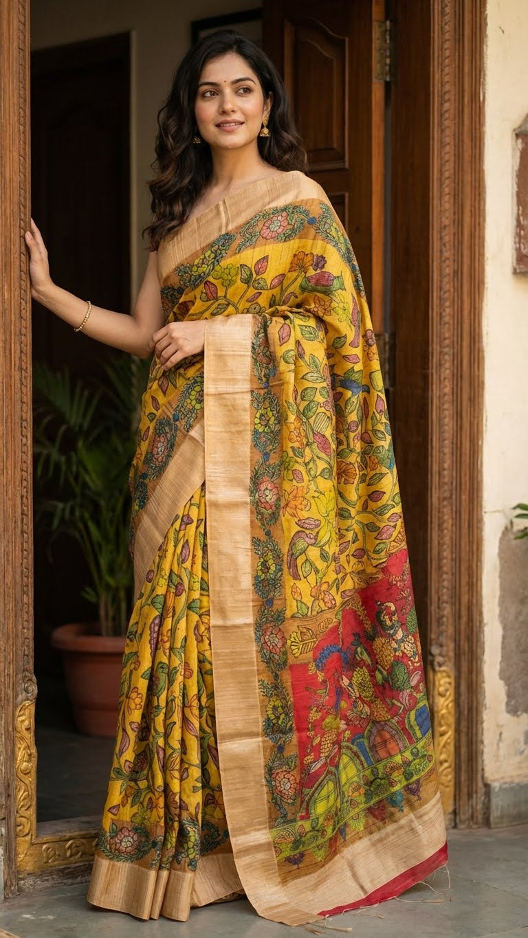 Woman wearing a yellow saree with kalamkari-style bird and floral digital print and golden border, standing in a doorway.