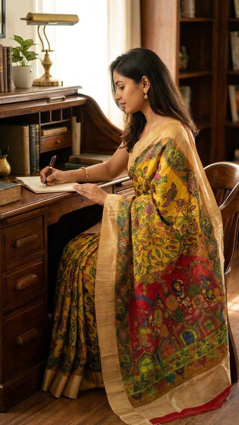 Woman in a yellow saree with kalamkari-style bird and floral digital print and golden border sitting at a desk in a home office.