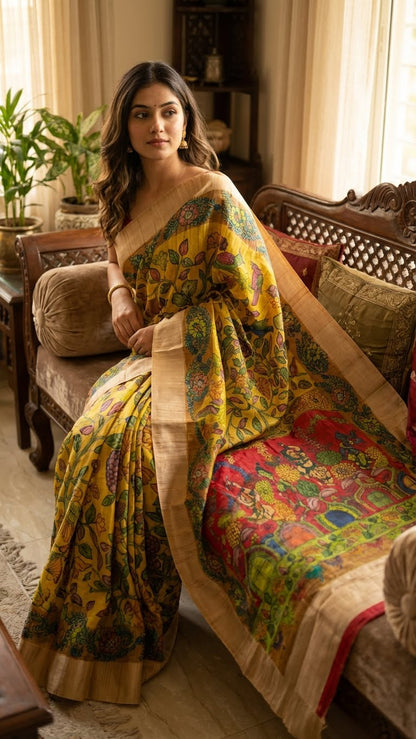 Woman in a yellow saree with kalamkari-style bird and floral digital print and golden border sitting on a couch in a decorated room.