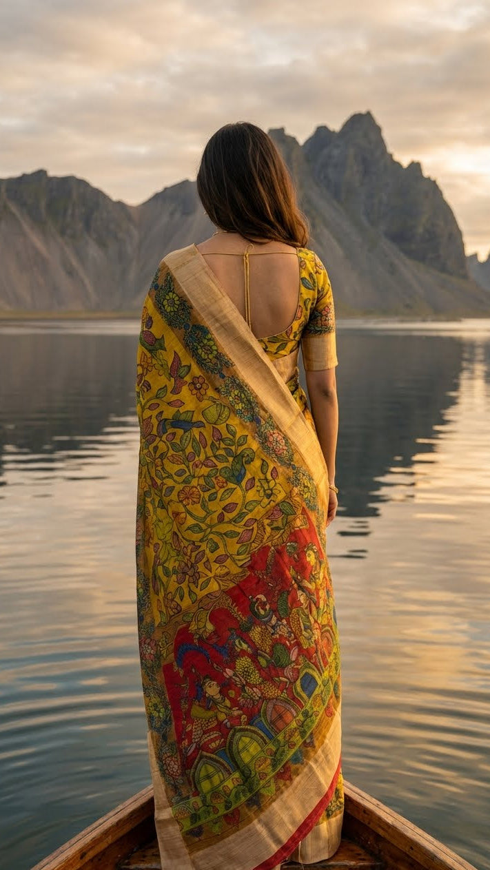 Woman in a yellow saree with kalamkari-style bird and floral digital print and golden border standing in a boat on a lake with mountains in the background