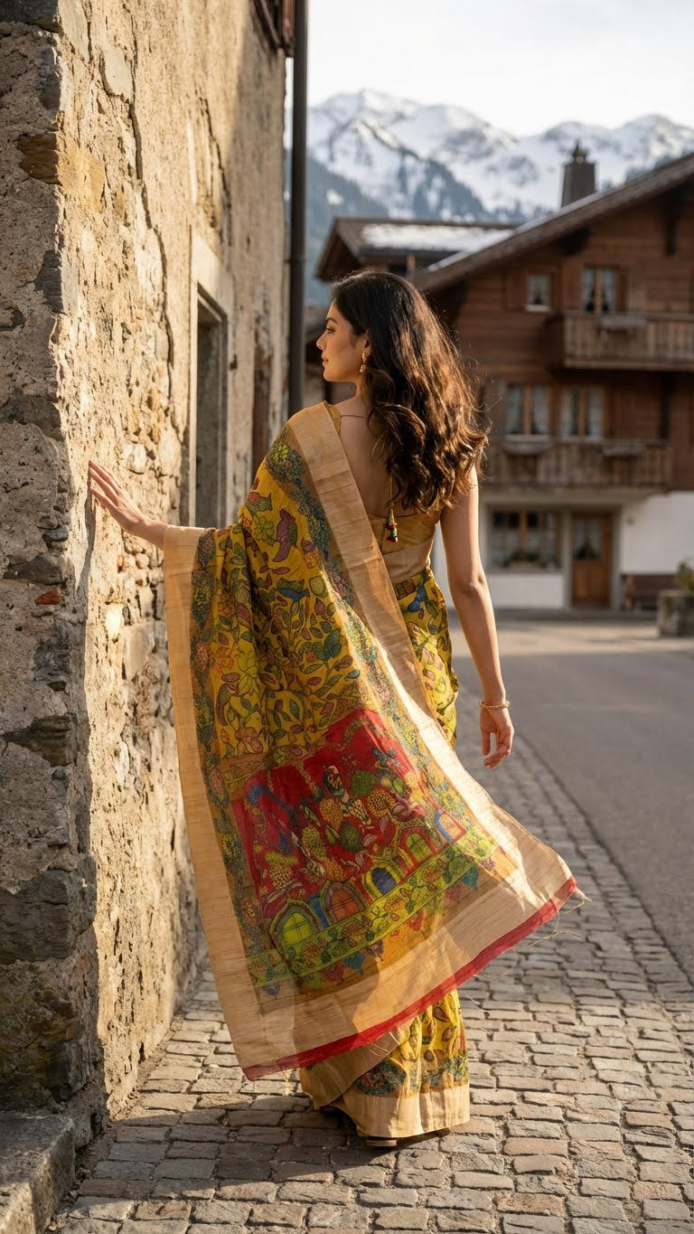 Woman in a yellow saree with kalamkari-style bird and floral digital print and golden border standing in a mountain village setting.
