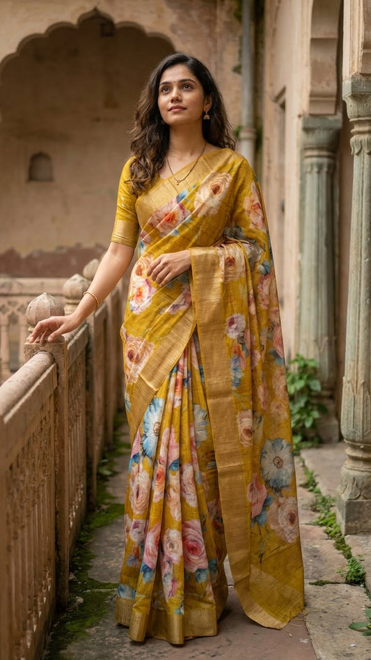 Woman in a Golden yellow blended silk saree with Kalamkari-inspired floral digital print in pink, blue, and purple tones standing in an outdoor setting.