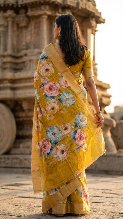 Woman in a Golden yellow blended silk saree with Kalamkari-inspired floral digital print in pink, blue, and purple tones standing in front of an ancient stone structure.