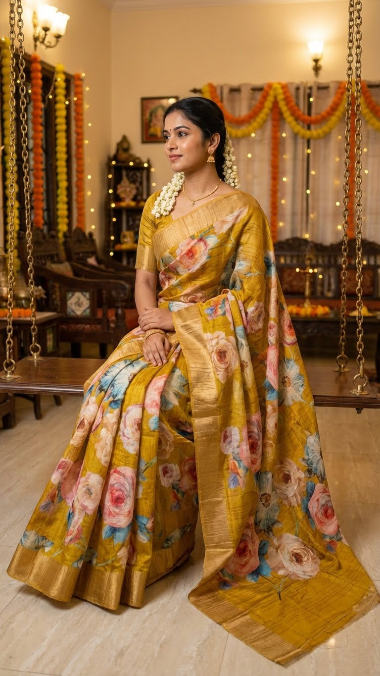 Woman in a Golden yellow blended silk saree with Kalamkari-inspired floral digital print in pink, blue, and purple tones sitting in a decorated room.