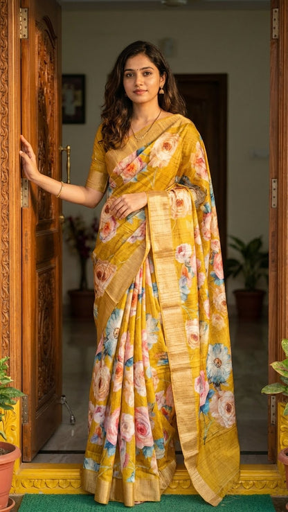 Woman in a Golden yellow blended silk saree with Kalamkari-inspired floral digital print in pink, blue, and purple tones standing in a doorway.