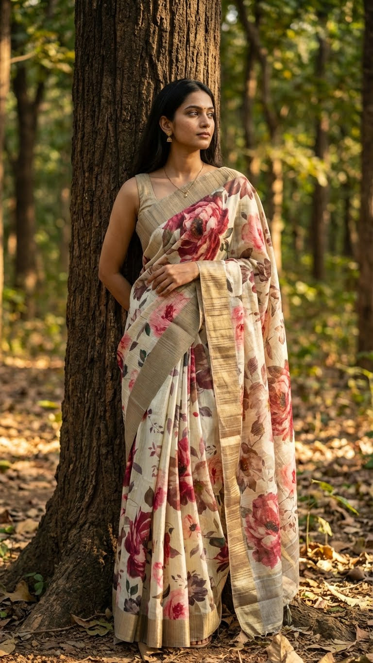 Woman in a white blended silk saree with kalamkari-inspired floral digital print in red, pink, and maroon tones with golden border standing in a forest.