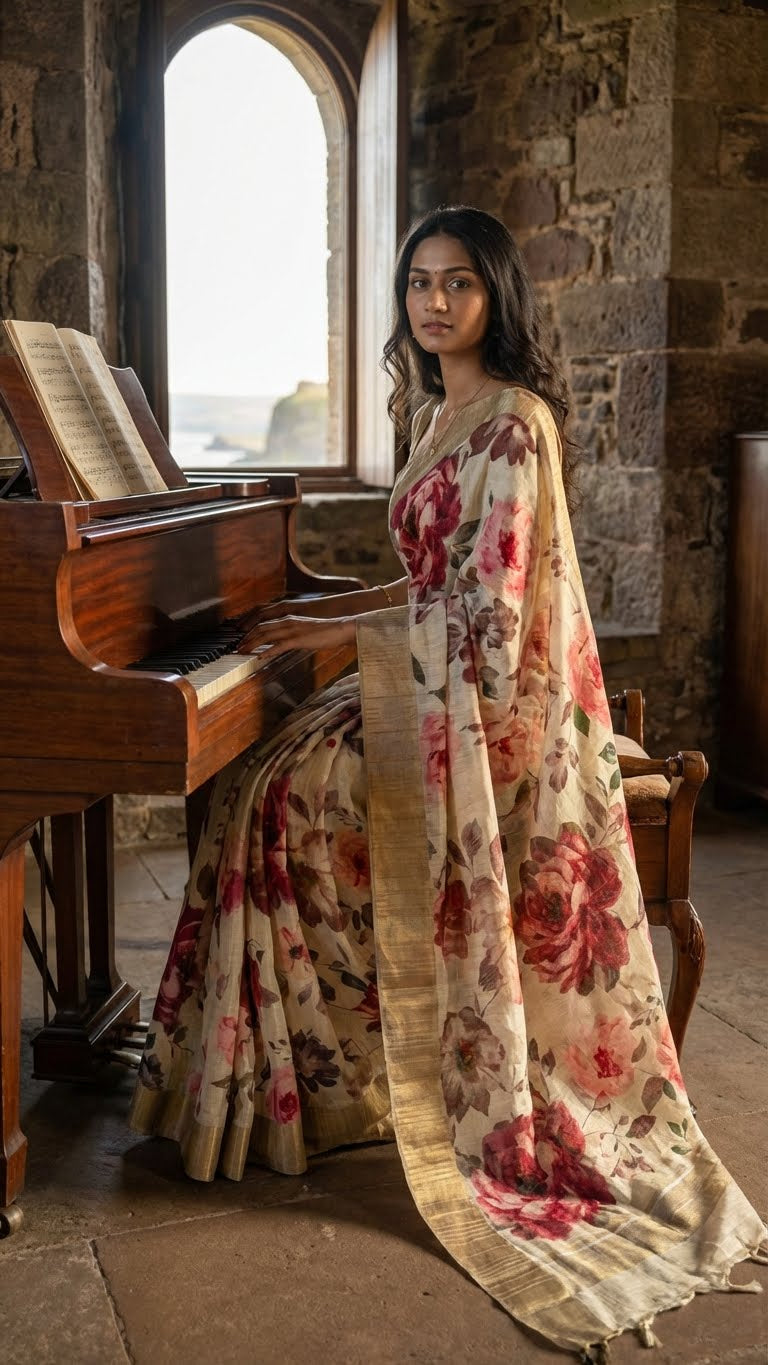 Woman in a white blended silk saree with kalamkari-inspired floral digital print in red, pink, and maroon tones with golden border standing next to a piano in a stone-walled room.