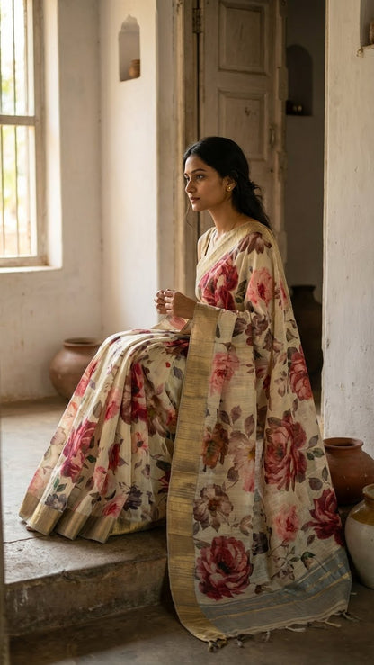 Woman in a white blended silk saree with kalamkari-inspired floral digital print in red, pink, and maroon tones with golden border sitting by a window in a rustic setting.