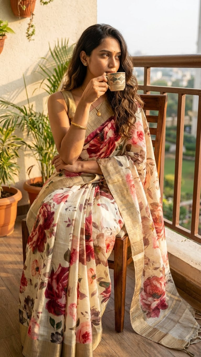 Woman in a white blended silk saree with kalamkari-inspired floral digital print in red, pink, and maroon tones with golden border drinking from a cup on a balcony with plants and a view of trees.