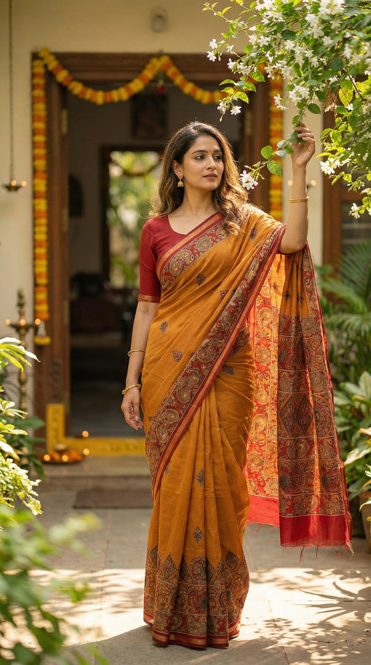 Woman wearing maroon blended silk saree with Kalamkari-inspired floral and paisley digital print and broad golden border, standing in a garden, gently pulling a flowering branch toward her, emphasizing the grace of the arm and the saree border.