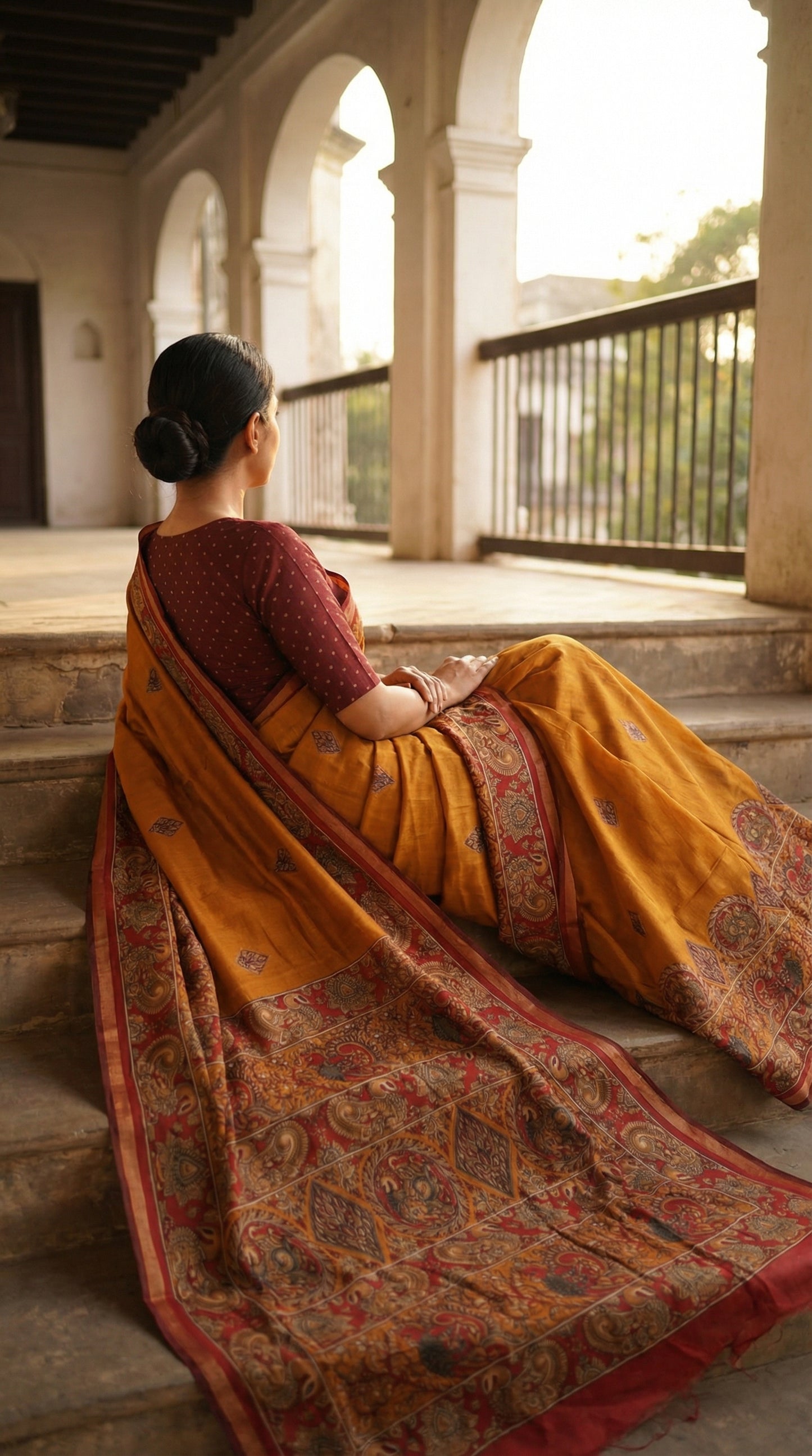 Woman wearing maroon blended silk saree with Kalamkari-inspired floral and paisley digital print and broad golden border, reclining on heritage stairs with her back toward the camera, allowing the saree to be spread out across the steps to capture every detail of the weaving.
