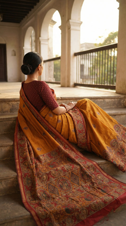 Woman wearing maroon blended silk saree with Kalamkari-inspired floral and paisley digital print and broad golden border, reclining on heritage stairs with her back toward the camera, allowing the saree to be spread out across the steps to capture every detail of the weaving.