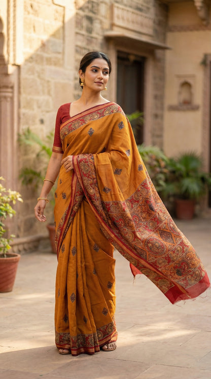 Woman wearing maroon blended silk saree with Kalamkari-inspired floral and paisley digital print and broad golden border, giving a dynamic pose where the lady holds the pallu edge and gently waves it to incorporate arm motion, effectively displaying the drape and fluid flow of the fabric.