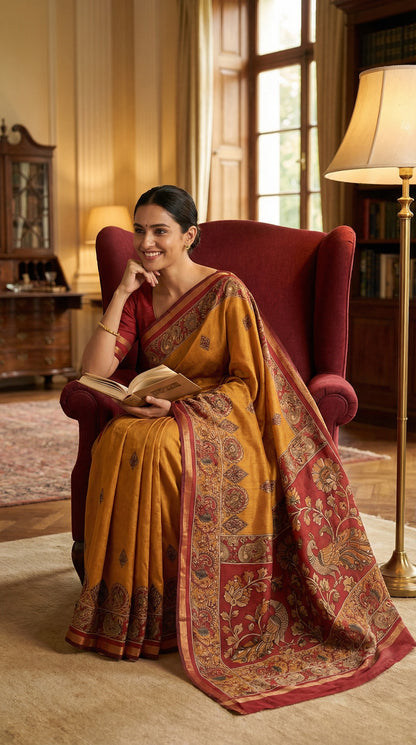 Woman wearing maroon blended silk saree with Kalamkari-inspired floral and paisley digital print and broad golden border, tucked into a large, high-backed wing chair in a grand luxury living room, she is holding the book with a radiant expression, her hand resting on her cheek, showing the elegance of the saree's sleeve.