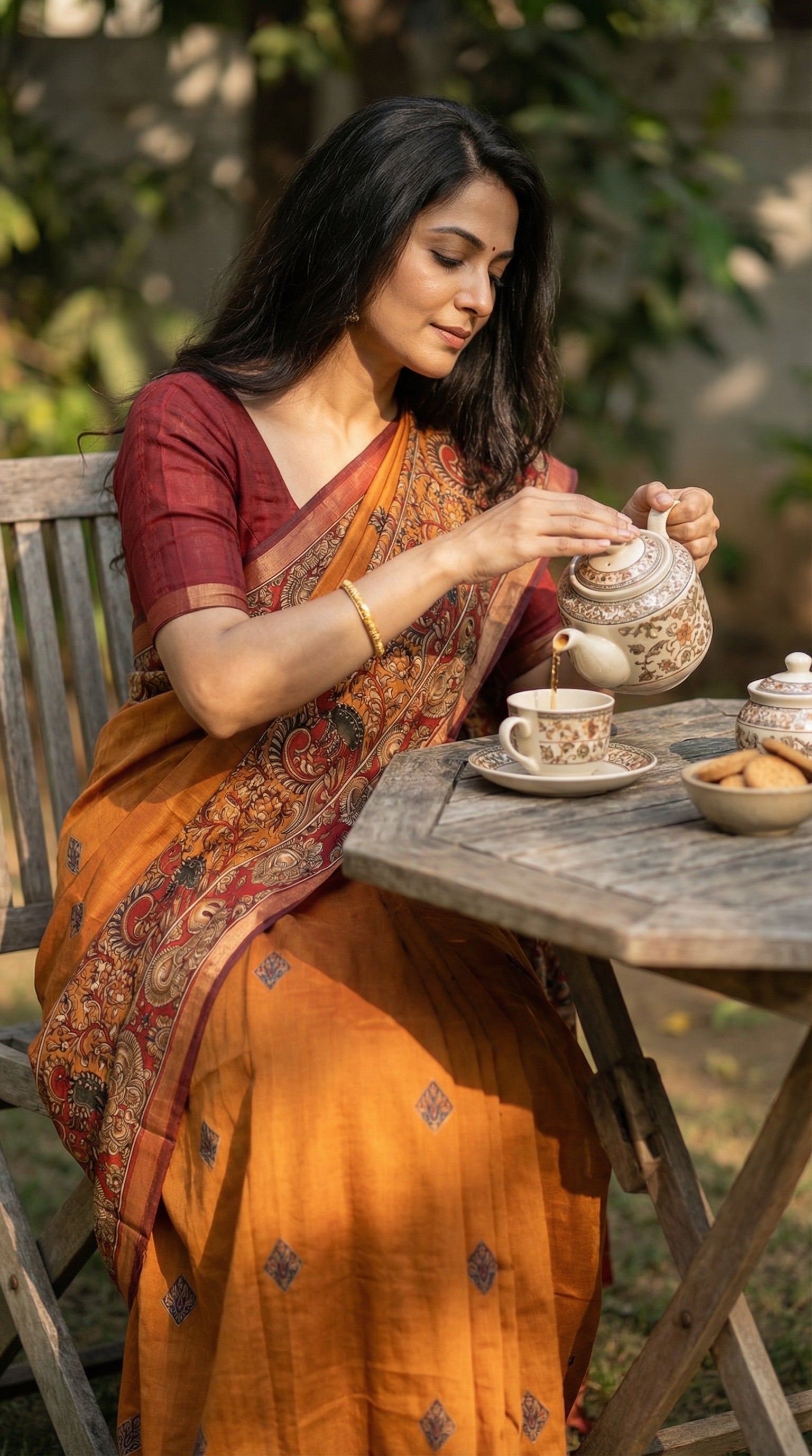 Woman wearing maroon blended silk saree with Kalamkari-inspired floral and paisley digital print and broad golden border. She is sitting at a garden table, mid-action pouring tea into a ceramic cup; focuses on the grace of the arms and the blouse design.