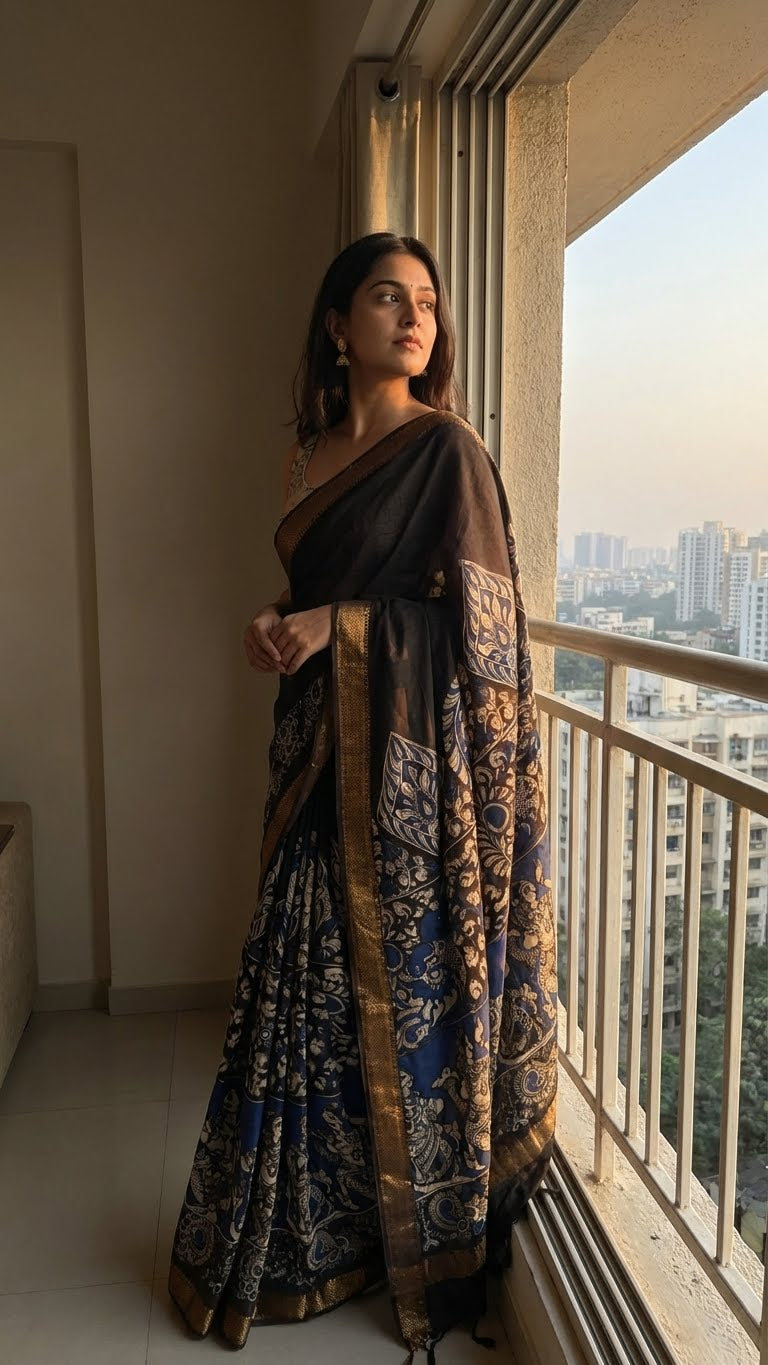 Woman in a black silk saree with kalamkari-style floral and paisley print and golden border standing by a window with a cityscape view.