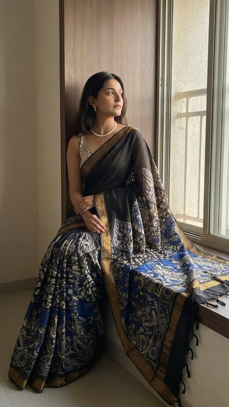 Woman in a black silk saree with kalamkari-style floral and paisley print and golden border sitting by a window.