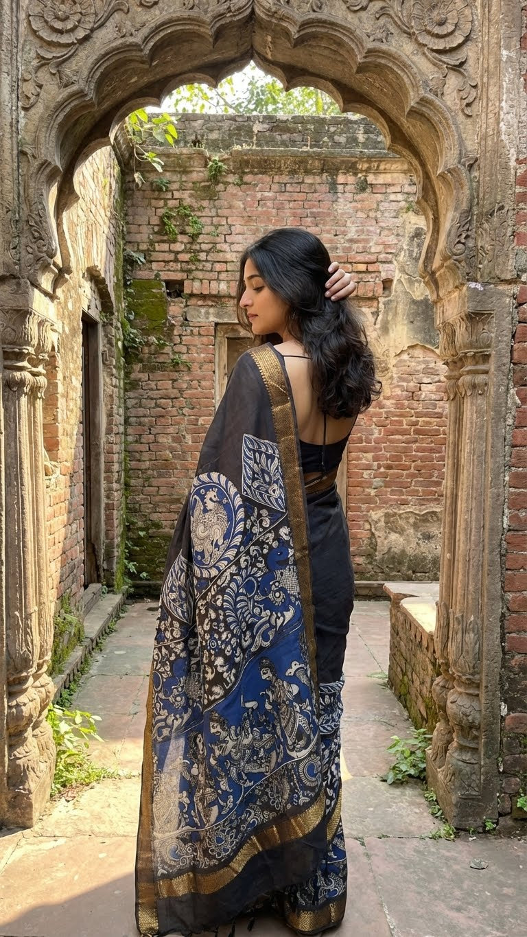 Woman in a black silk saree with kalamkari-style floral and paisley print and golden border standing in an archway of an old building.