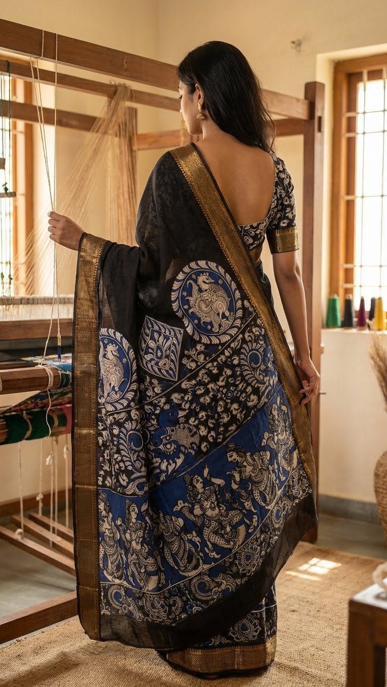 Woman wearing a black silk saree with kalamkari-style floral and paisley print and golden border with a blue and white pattern, standing in front of a traditional loom.