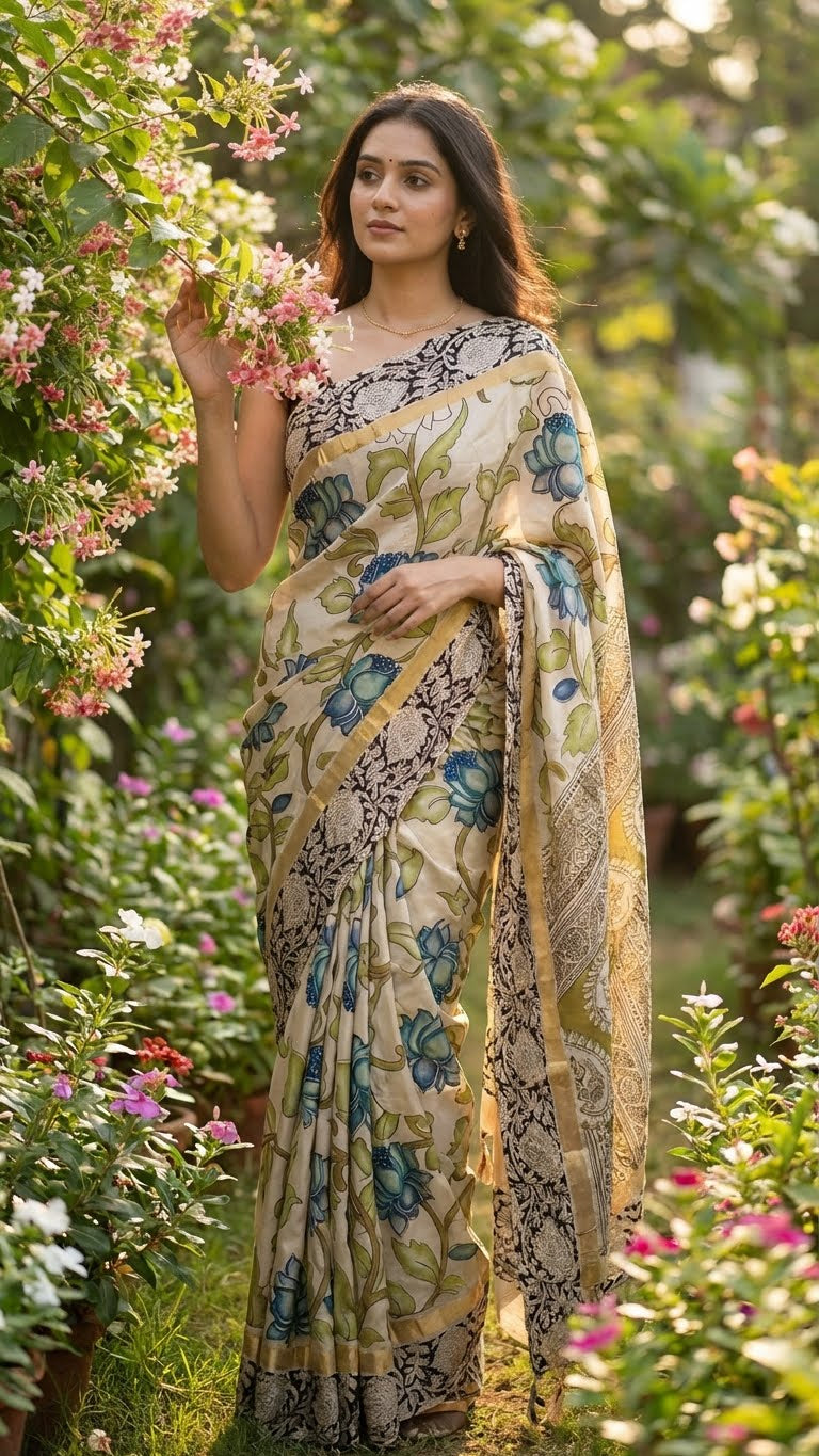 Woman in a Kalamkari print silk saree – cream with blue-green floral motifs and zari border draped standing among flowers and greenery.