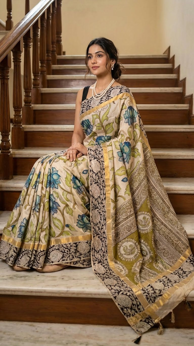 Woman in a Kalamkari print silk saree – cream with blue-green floral motifs and zari border draped sitting on a staircase
