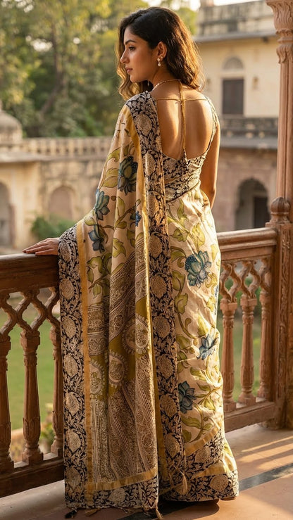 Woman in a Kalamkari print silk saree – cream with blue-green floral motifs and zari border draped standing on a balcony with a scenic background.