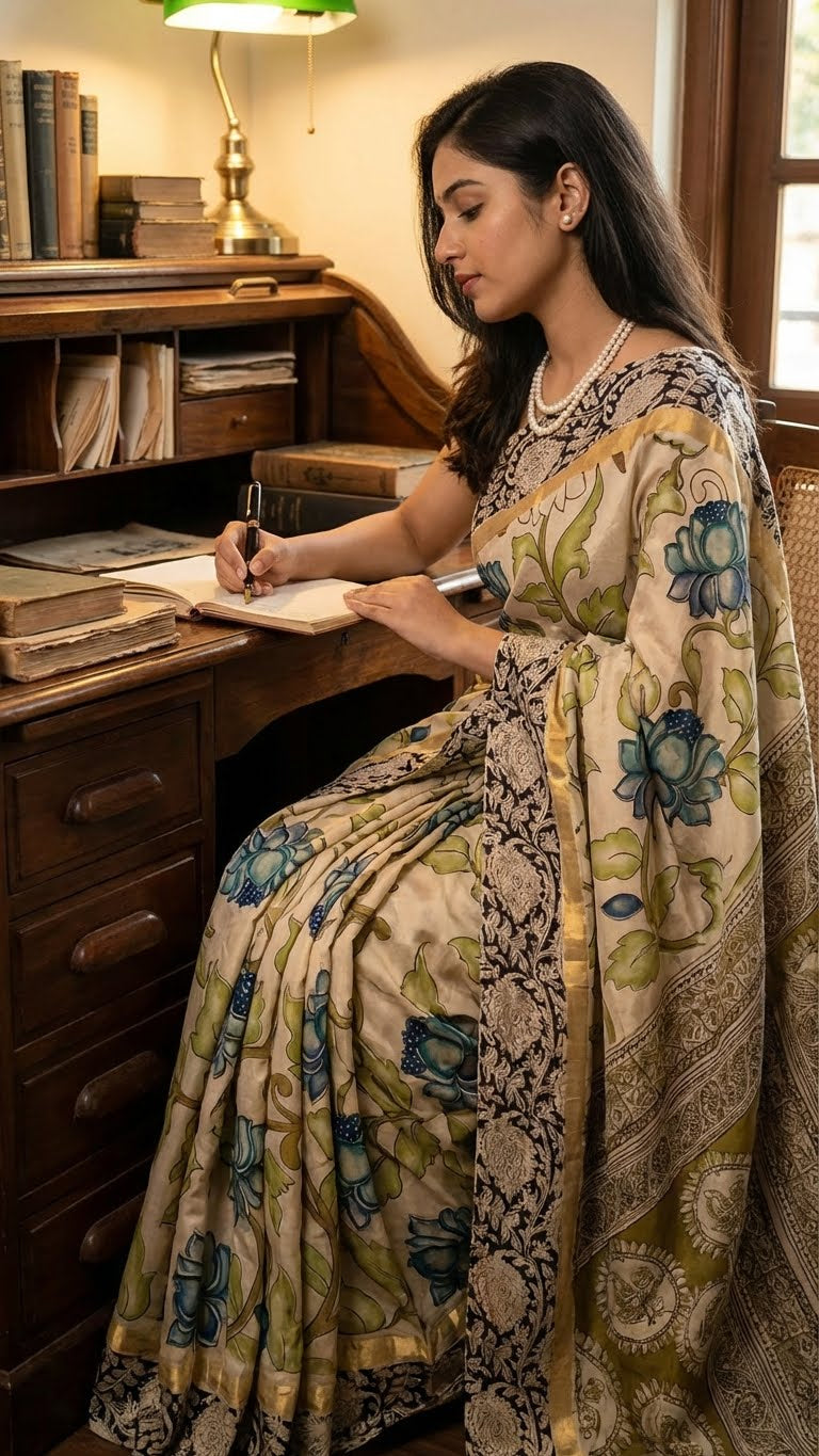 Woman in a Kalamkari print silk saree – cream with blue-green floral motifs and zari border draped sitting at a desk in a home office setting.