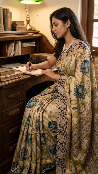 Woman in a Kalamkari print silk saree – cream with blue-green floral motifs and zari border draped sitting at a desk in a home office setting.