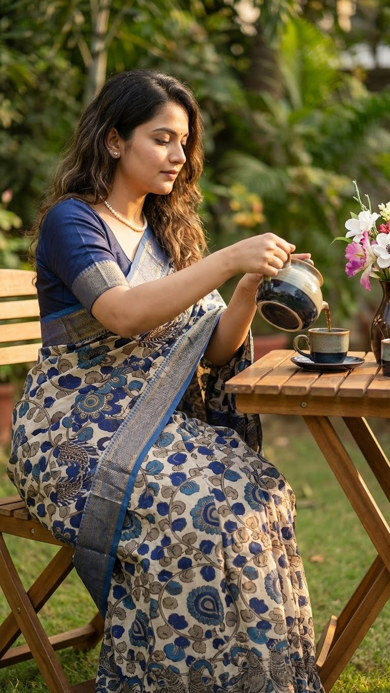 Woman in a indigo silk saree with kalamkari-inspired digital print and golden border pouring tea outdoors.