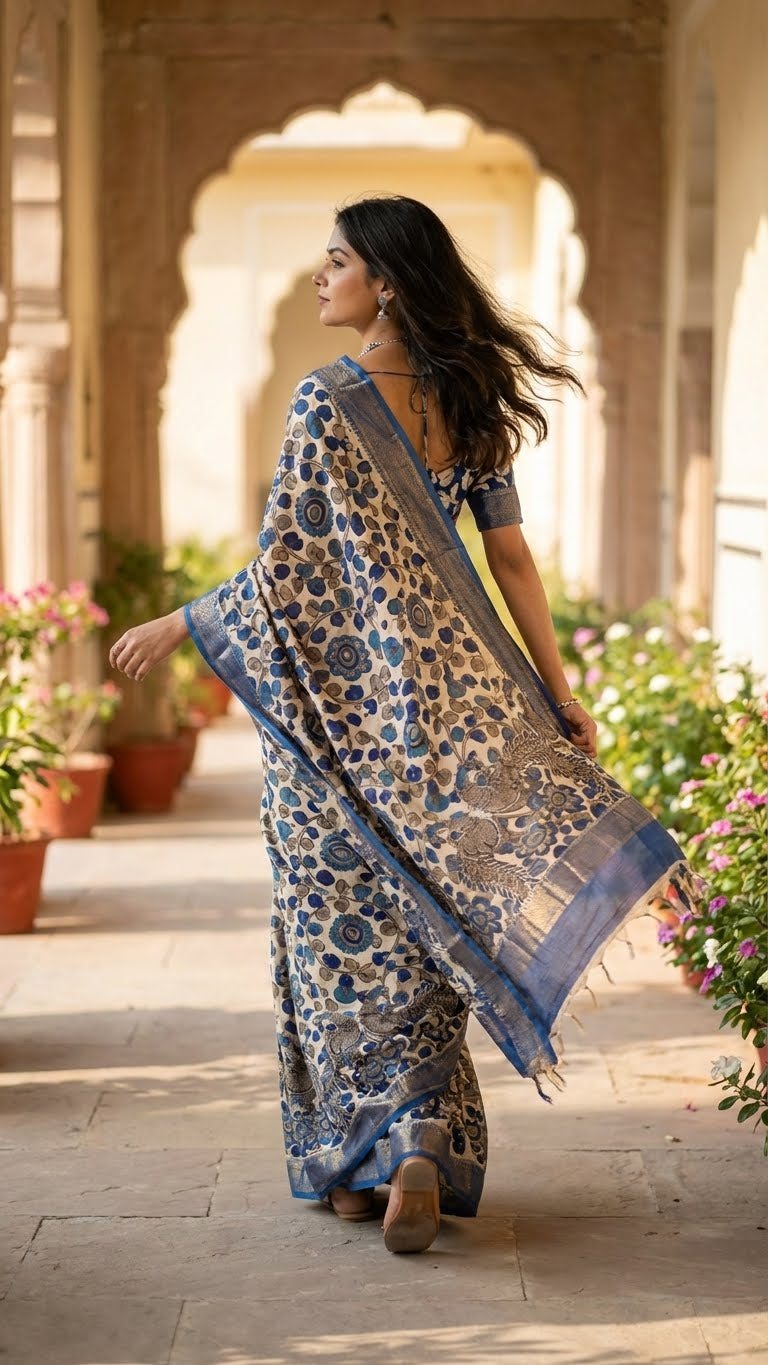 Woman in a indigo silk saree with kalamkari-inspired digital print and golden border walking outdoors with architectural and floral background.