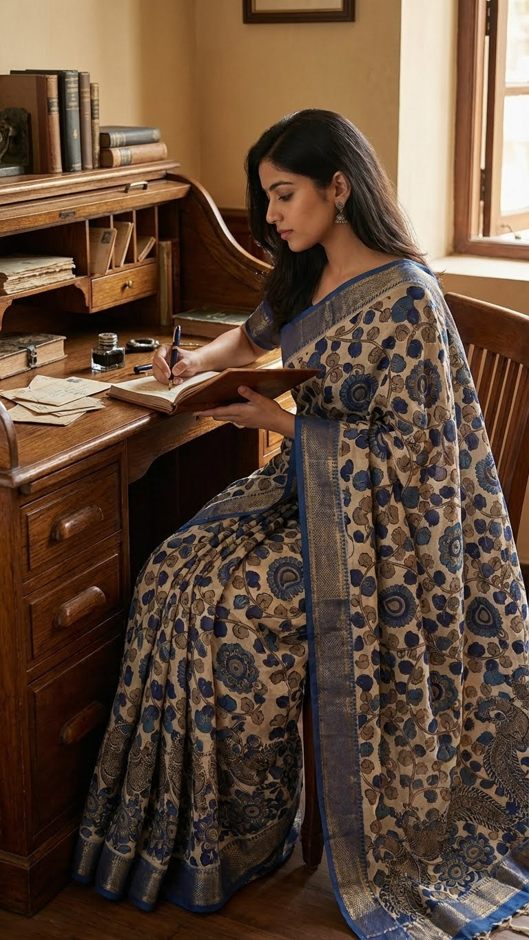 Woman in a indigo silk saree with kalamkari-inspired digital print and golden border sitting at a desk in a home office setting.