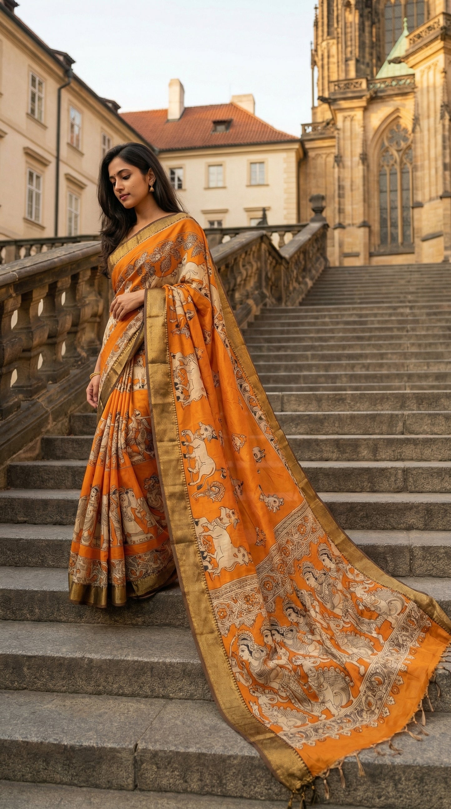 Woman in an Woman in an orange silk saree with kalamkari-style floral and paisley print and golden mangalgiri border, standing on stone steps with a cathedral in the background.