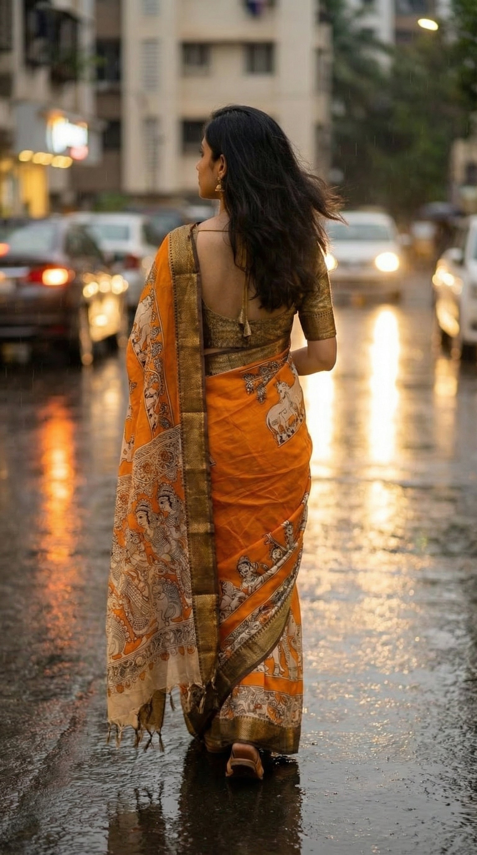 Woman in an Woman in an orange silk saree with kalamkari-style floral and paisley print and golden mangalgiri border, walking on a wet street with cars and buildings in the background.