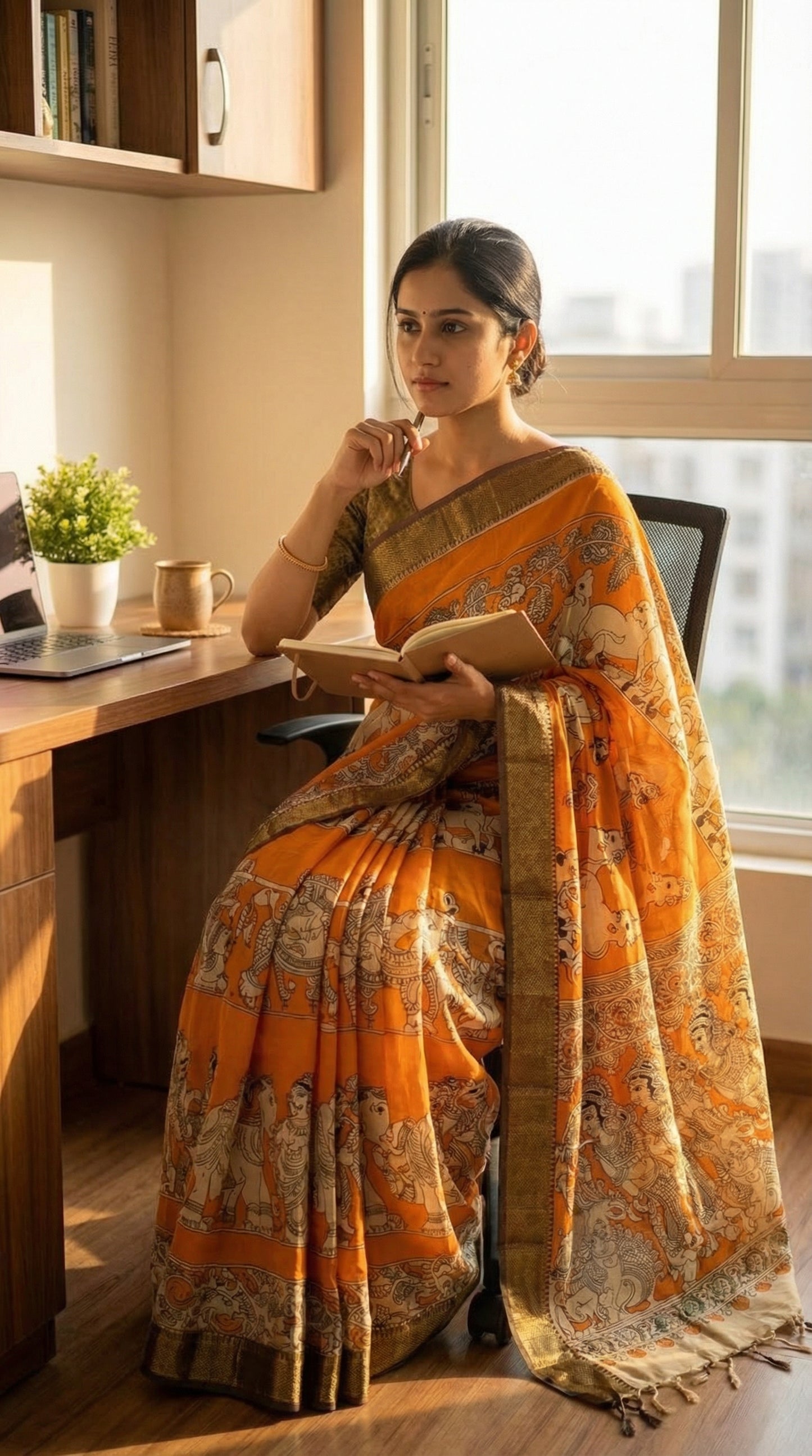 Woman in an Woman in an orange silk saree with kalamkari-style floral and paisley print and golden mangalgiri border, sitting at a desk with a laptop and notebook.