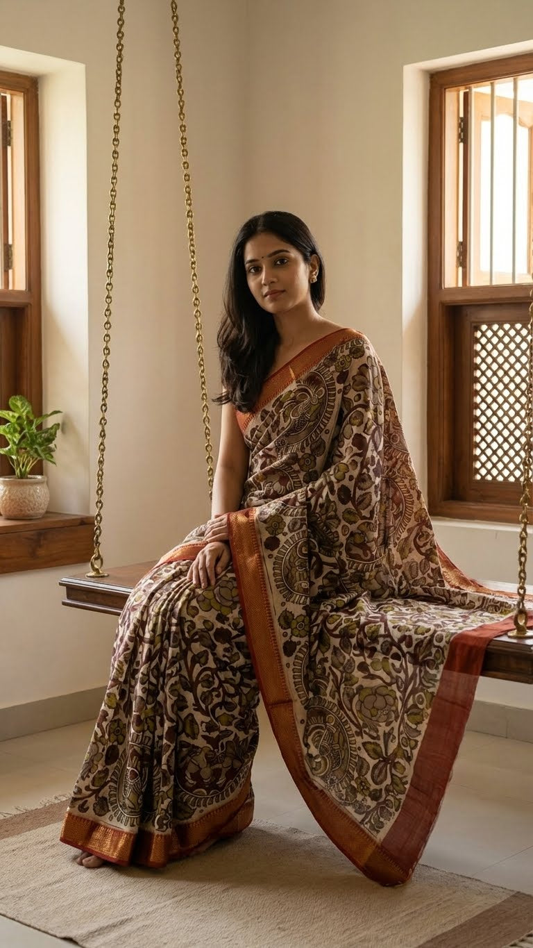 Woman in a brown silk saree with kalamkari-inspired motifs and subtle golden border sitting on a swing in a room with windows and plants.