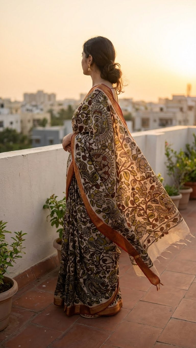 Woman in a brown silk saree with kalamkari-inspired motifs and subtle golden border standing on a rooftop with a cityscape in the background during sunset.