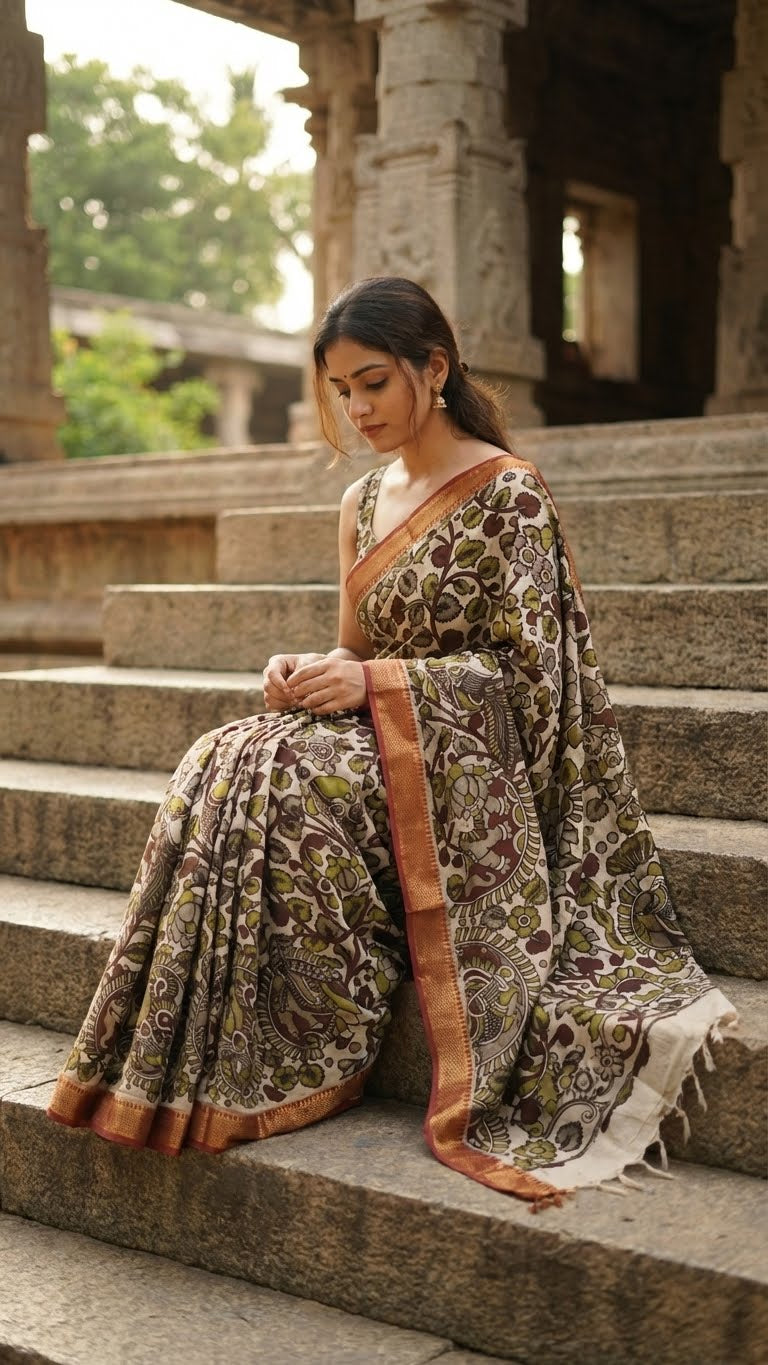 Woman in a brown silk saree with kalamkari-inspired motifs and subtle golden border sitting on stone steps outdoors.
