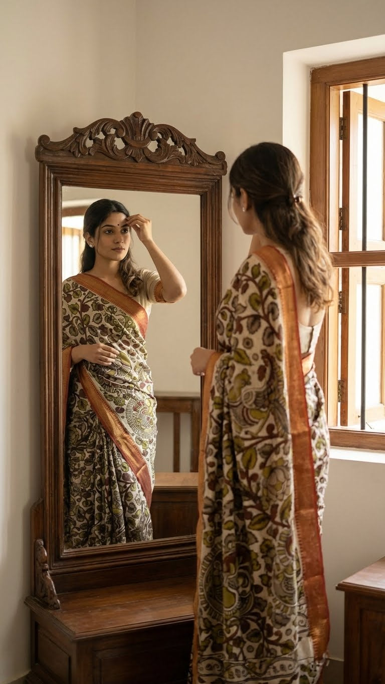Woman in a brown silk saree with kalamkari-inspired motifs and subtle golden border standing in front of a mirror, adjusting her hair.