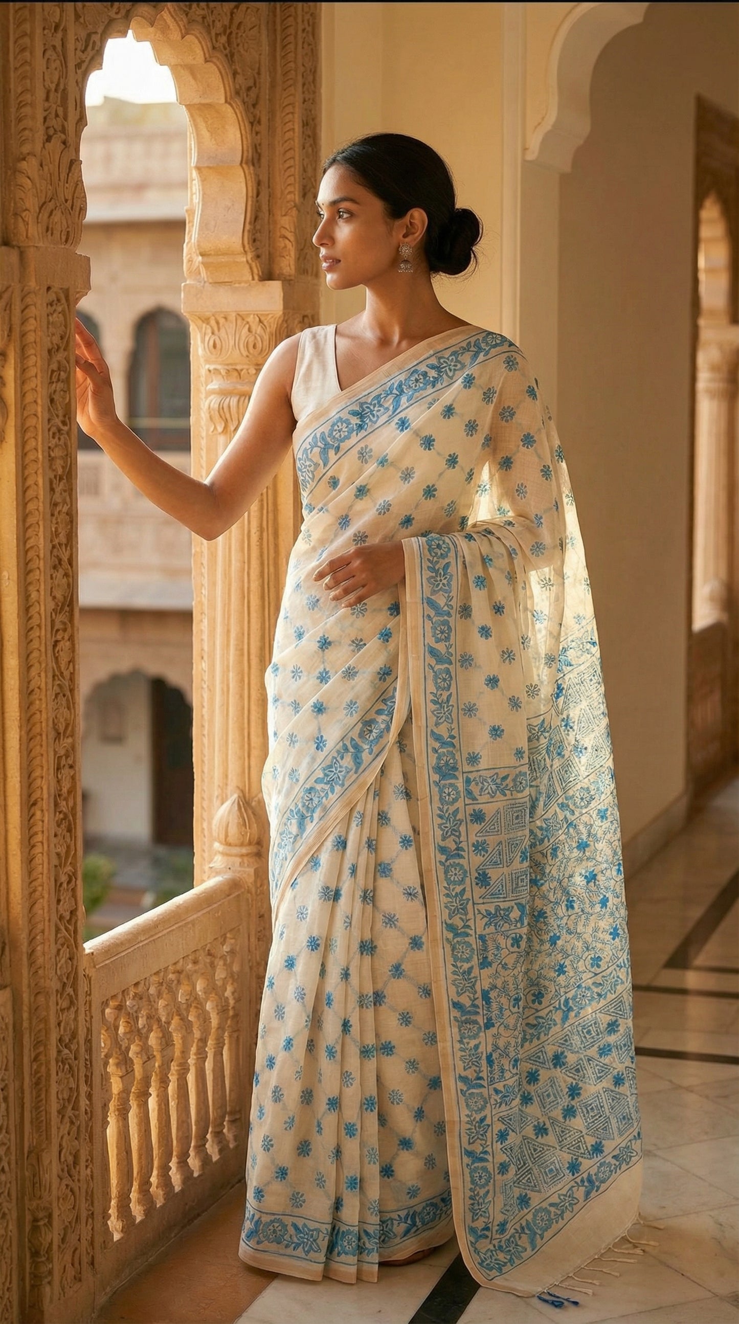 Woman in a Cream blended silk saree with blue kantha stitch floral embroidery, handcrafted ethnic wear for cultural occasions, standing in an architectural setting.