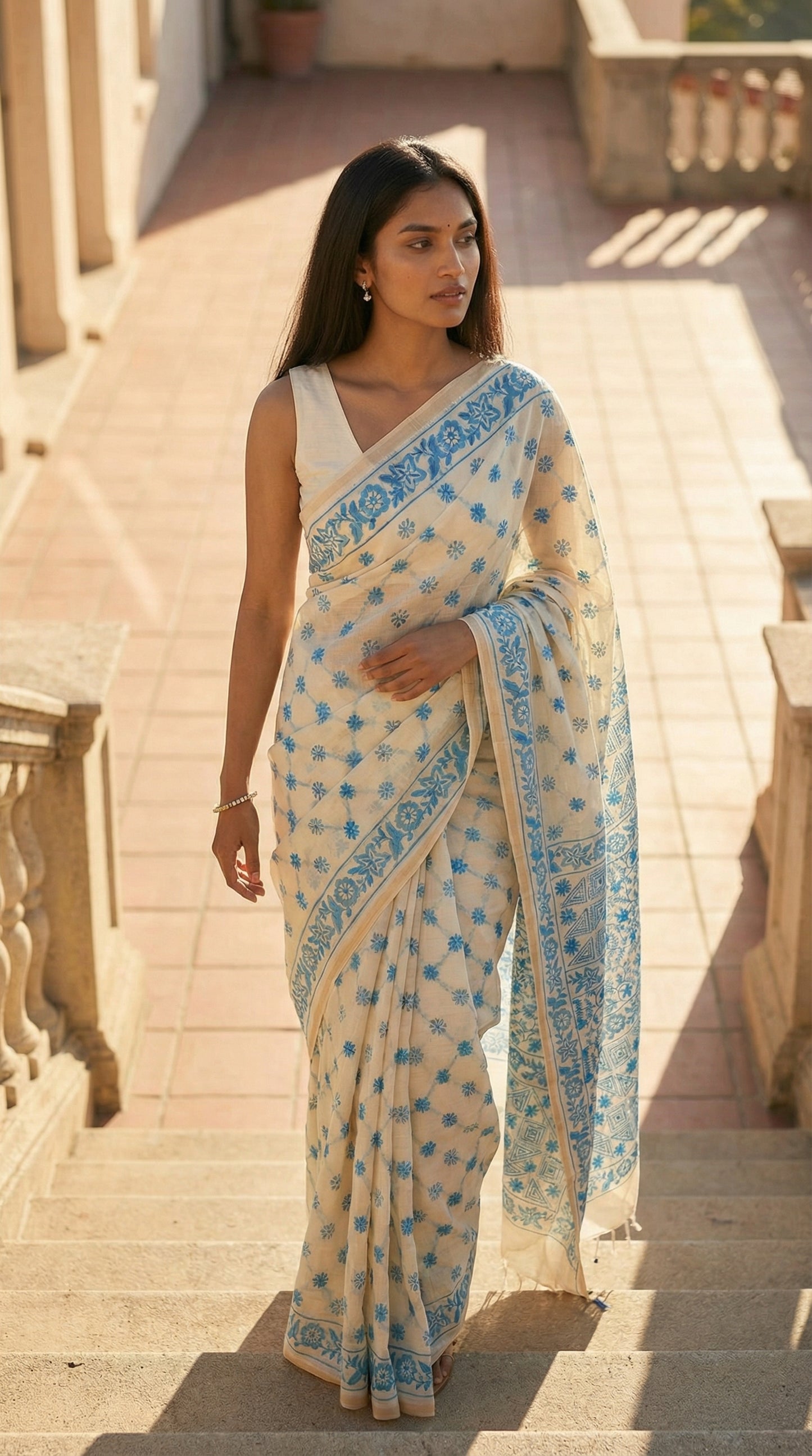 Woman in a Cream cotton saree with blue kantha stitch floral embroidery, handcrafted ethnic wear for cultural occasions, walking outdoors on stone steps.
