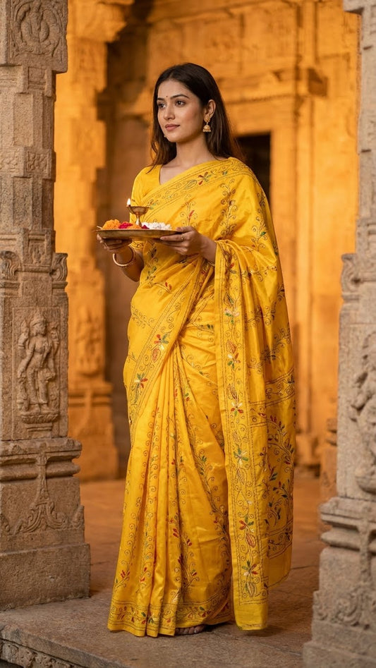 Woman in a handcrafted kantha stitched cotton saree in yellow with multicolor floral and vine embroidery holding offerings in an architectural setting.