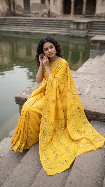 Woman in a handcrafted kantha stitched cotton saree in yellow with multicolor floral and vine embroidery sitting by a body of water with ancient architecture in the background.